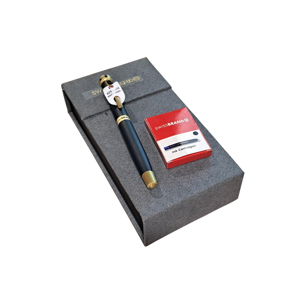 Swissbrand 2510 Matte Black Lacquer with Black Gem-Embedded Gold Trim Fountain Pen - Medium Nib