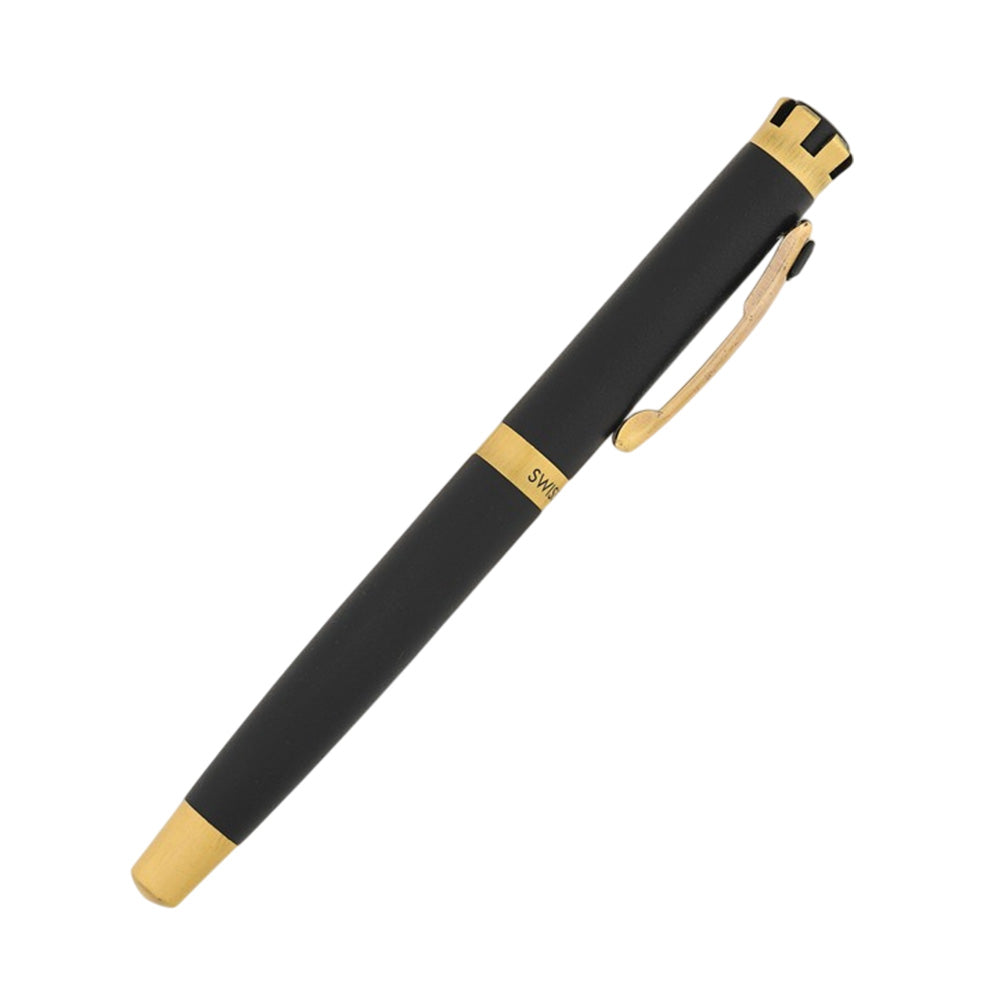 Swissbrand 2510 Matte Black with Black Gem Embedded Gold Trim Rollerball Pen