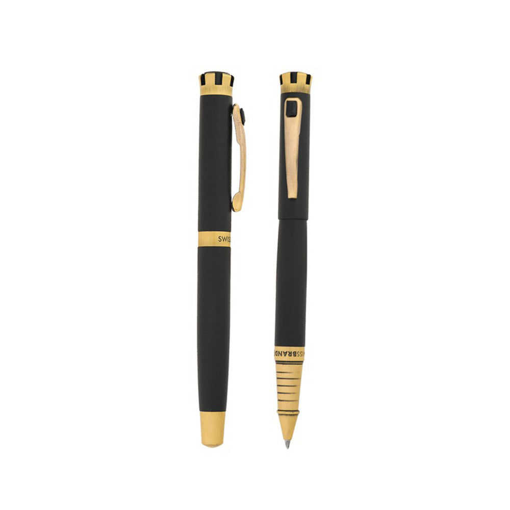 Swissbrand 2510 Matte Black with Black Gem Embedded Gold Trim Rollerball Pen
