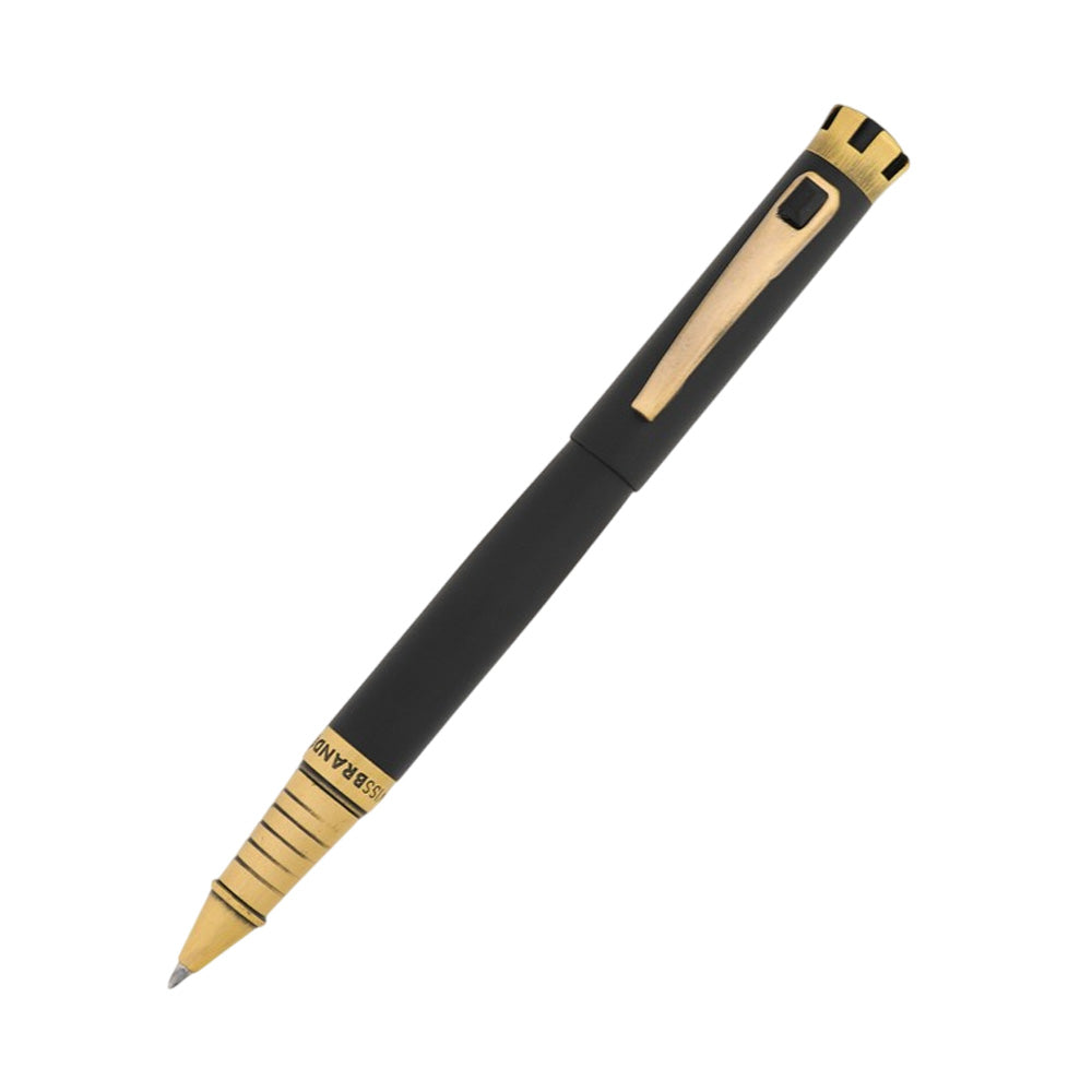 Swissbrand 2510 Matte Black with Black Gem Embedded Gold Trim Rollerball Pen