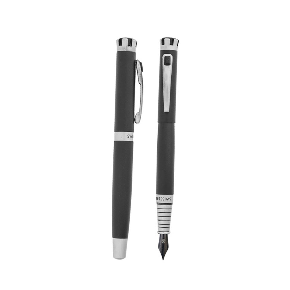 Swissbrand 2511 Matte Black Lacquer with Black Gem-Embedded Chrome Trim Fountain Pen - Medium Nib