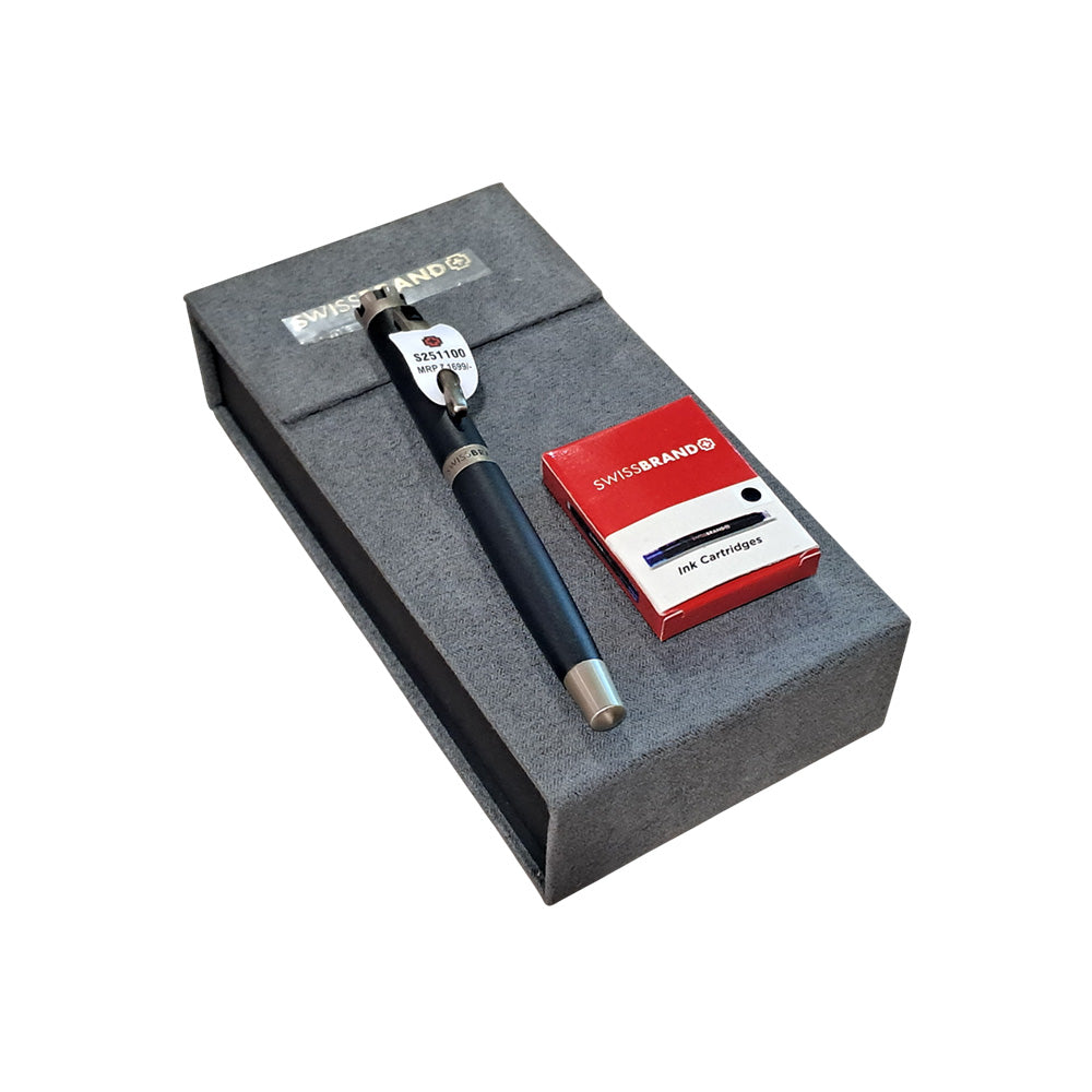 Swissbrand 2511 Matte Black Lacquer with Black Gem-Embedded Chrome Trim Fountain Pen - Medium Nib