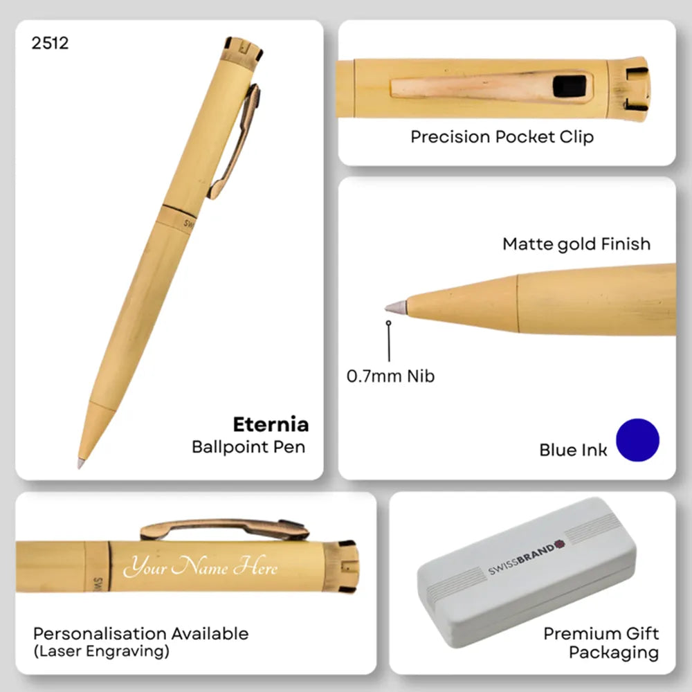 Swissbrand 2512 Matte Gold with Black Gem Embedded Gold Trim Ballpoint Pen