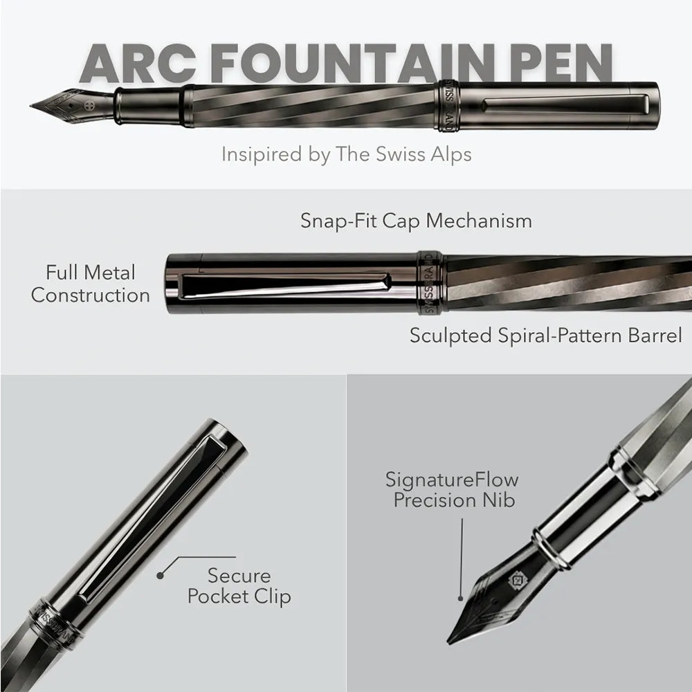Swissbrand 2553 Ashler Arc Smoky Gunmetal Finish & Spiral Pattern GMT Fountain Pen - Medium Nib
