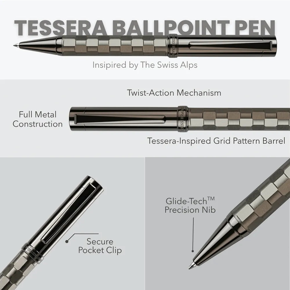 Swissbrand 2554 Ashler Tessera Gunmetal Finish & Square-Grid Pattern GMT Ballpoint Pen