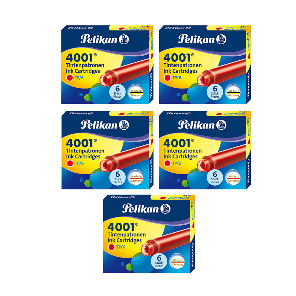 TP/6 ink cartridges is a standard ink cartridge for all Pelikan cartridge fountain pens and many other brands. Available in many different coloured inks! Large ink cartridge for all Pelikan and many other cartridge fillers Colour: Brilliant Red Royal blue ink is erasable and washable 6 ink cartridges per case