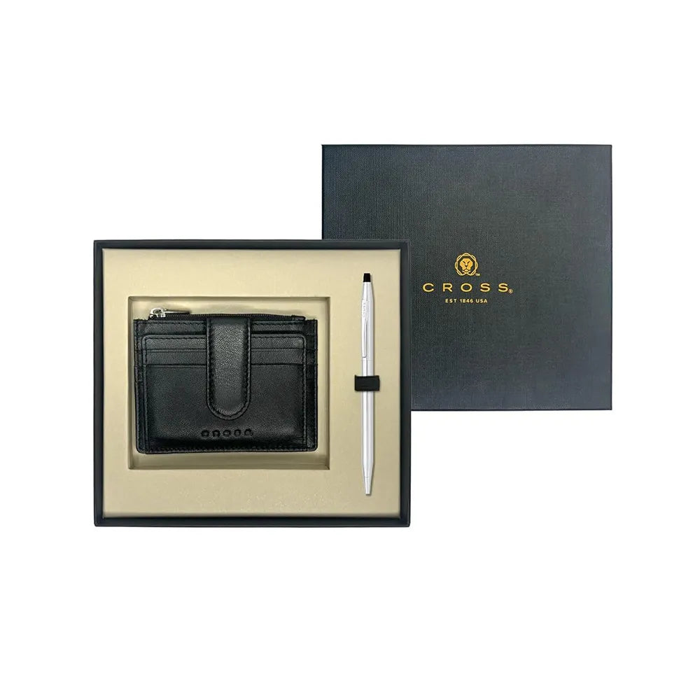 Cross Classic Century Lustrous Chrome Ballpoint Pen With Black Card Holder