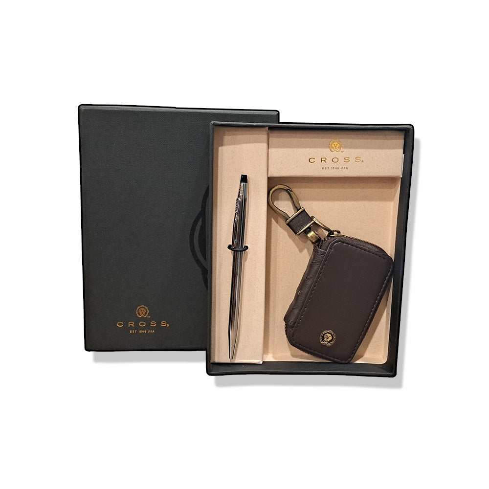 Cross Classic Century Lustrous Chrome Ballpoint Pen With Brown Key Holder