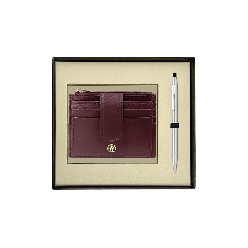 Cross Classic Century Lustrous Chrome Ballpoint Pen With Brown Card Holder