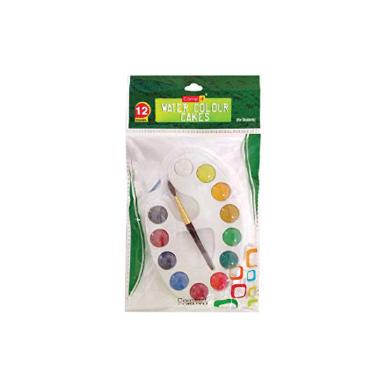 Camlin Kokuyo Student Water Color Cakes - 12 Shades - A range of , non-toxic water colours in cake form with excellent colouring strength developed specially for students. In attractive palette, these colours are easy to use. 12 assorted shades + 1 Brush Confirms to safety standard EN 71 - 3 Camel Art Contest entry coupon inside the pack. Best result can be seen on Drawing Paper. Attractive plastic palette