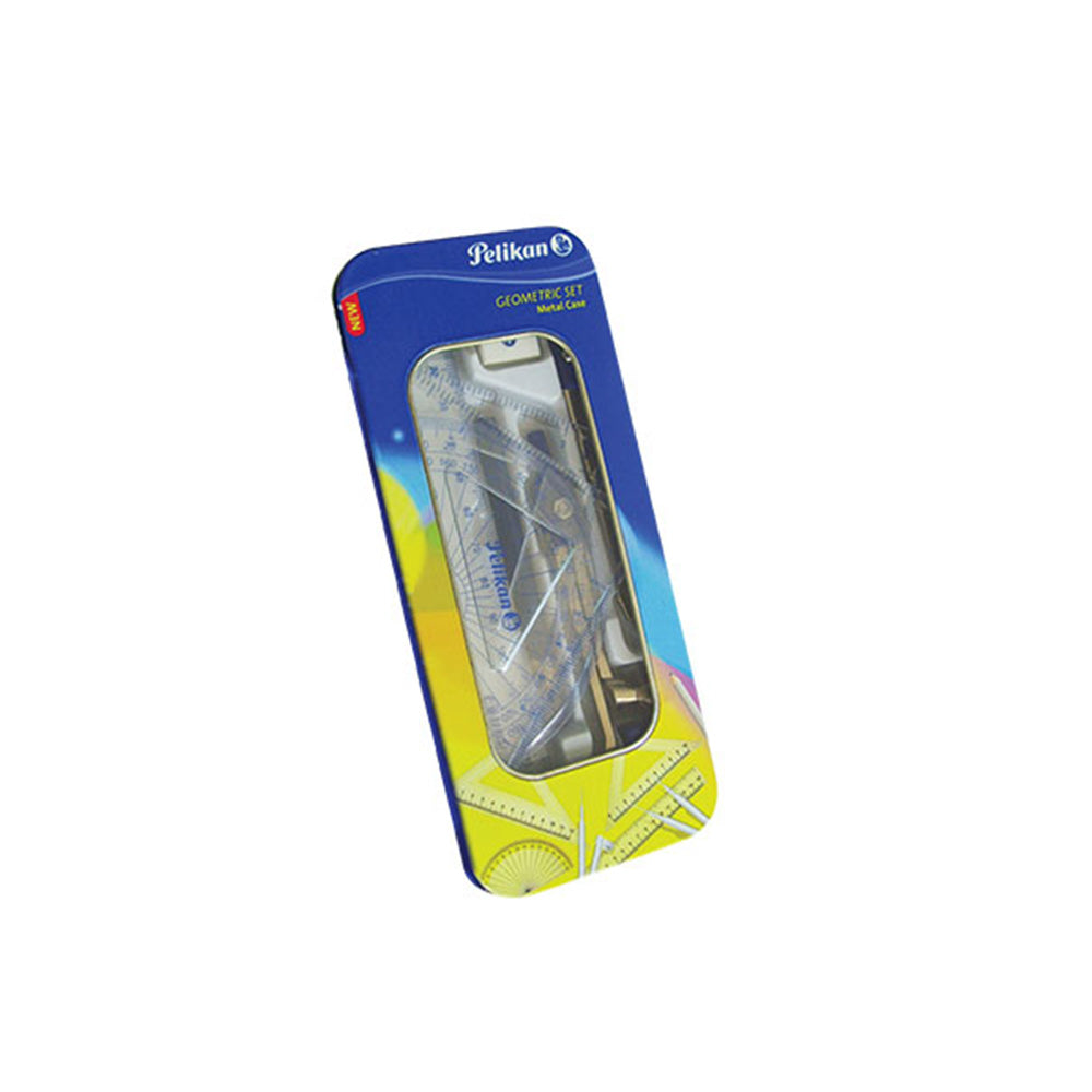 Pelikan Geometric Set Metal Case Geometry with ruler, squares, protractor and precision compass. Used to draw different types of geometric shapes.  Compass Divider 15cm ruler 180° protractor 60° set square 45° set square Eraser Pencil sharpener 2B Pencil