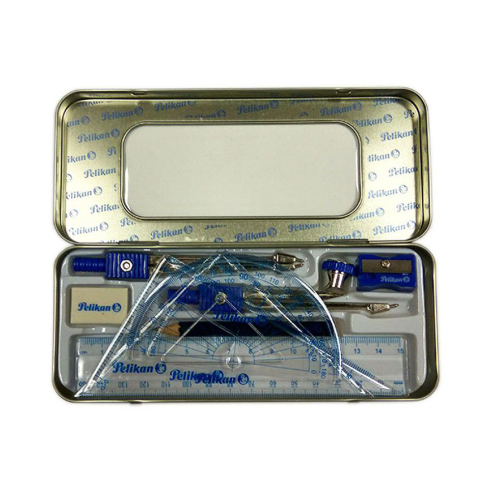 Pelikan Geometric Set Metal Case Geometry with ruler, squares, protractor and precision compass. Used to draw different types of geometric shapes.  Compass Divider 15cm ruler 180° protractor 60° set square 45° set square Eraser Pencil sharpener 2B Pencil
