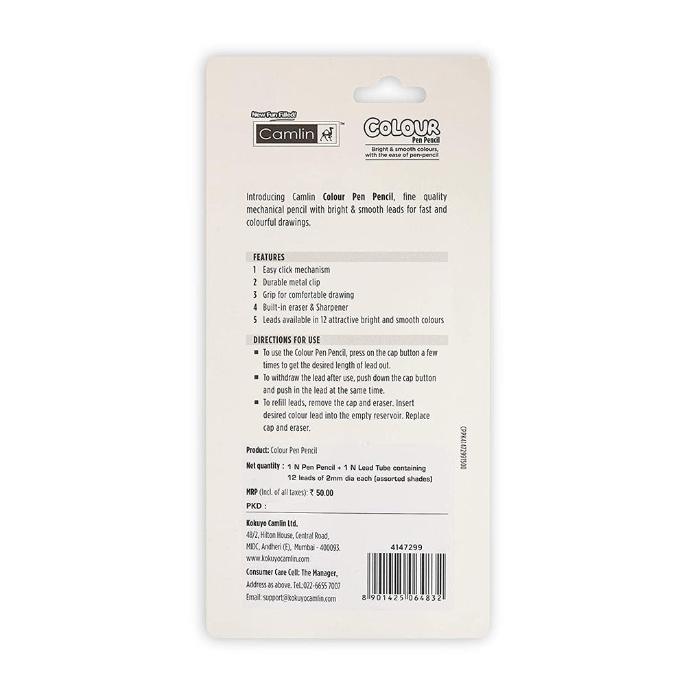 Introducing Camlin colour pen pencil 12 shades, fine quality mechanical pencil with bright and smooth leads for fast and colourful drawings. India's first 2.0mm colour pen pencil with easy click mechanism. This pack contains 1 pen pencil 2.0mm each with 12 colour leads refill tube Its simple mechanism allows you to easily refill leads Each Set Contain 12 Different Shades of Lead Body Colour of Pencil Case is as per stock availability