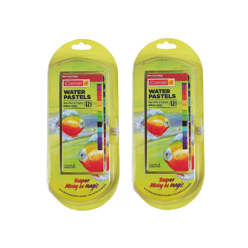 Introducing Camel water pastels, a unique product with a dual effect of crayons and water colours, used for drawing and painting. You draw with them as pastels, but if you run a wet brush over your drawing, it turns into water colour. Easy to use and non-messy Exceptional covering power Superior colour mixing and blending Soft, velvety texture, does not crumble Easily washes off from skin as well as common surfaces like glass, laminated wood and tiles