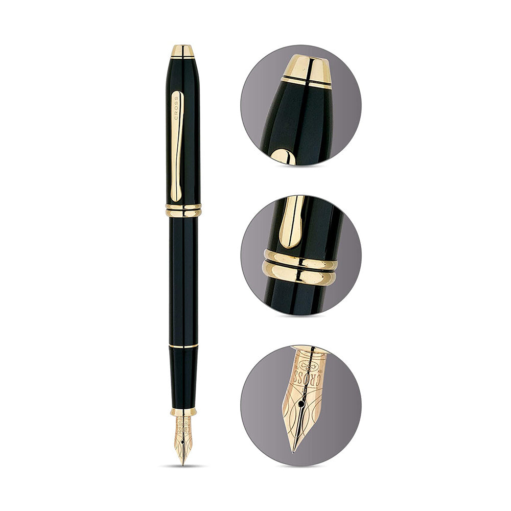 Cross Townsend Classic Black Lacquer Gold Trim Fountain Pen - 18Kt Fine Nib