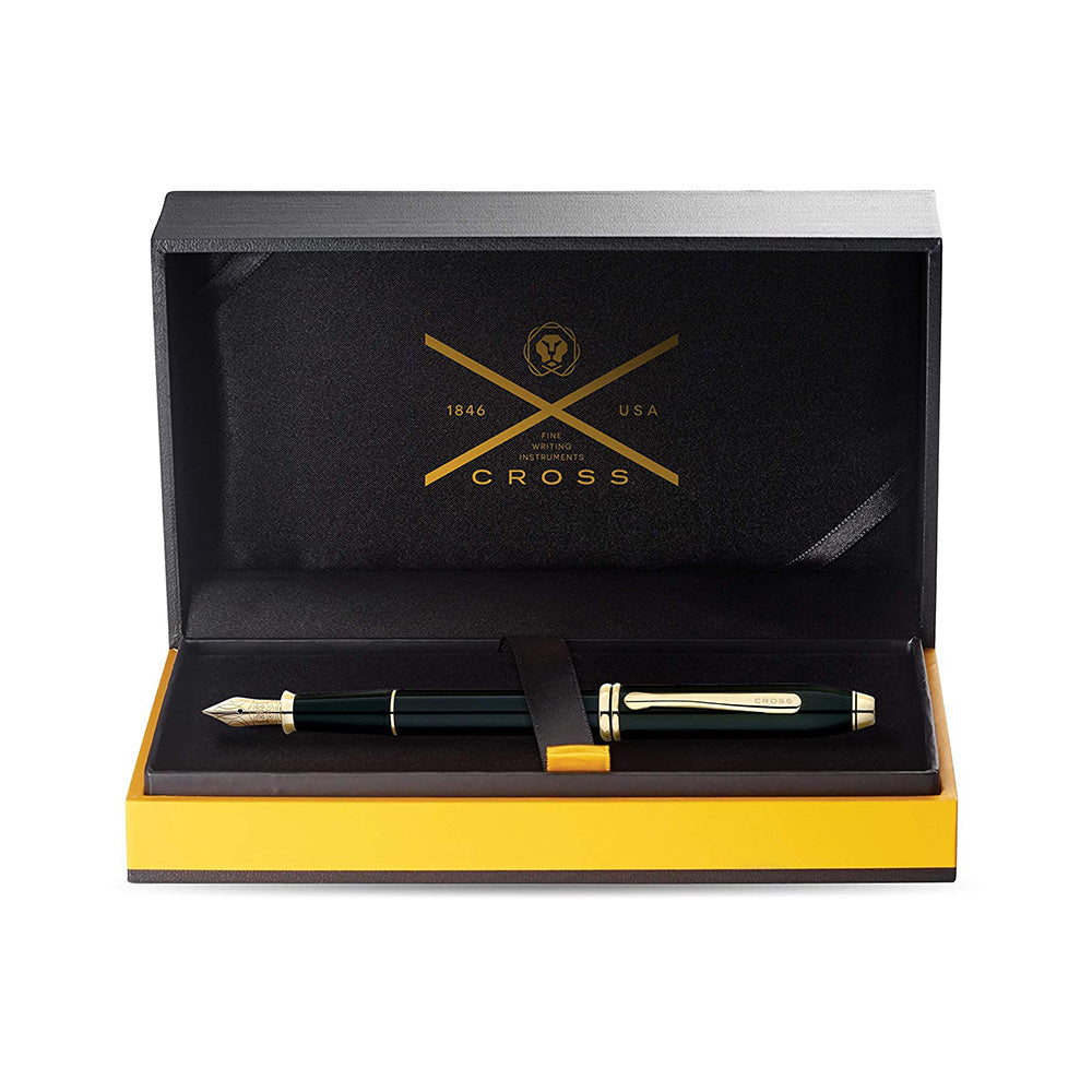 Cross Townsend Classic Black Lacquer Gold Trim Fountain Pen - 18Kt Medium Nib