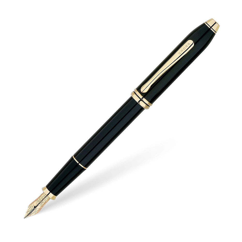 Cross Townsend Classic Black Lacquer Gold Trim Fountain Pen - 18Kt Medium Nib