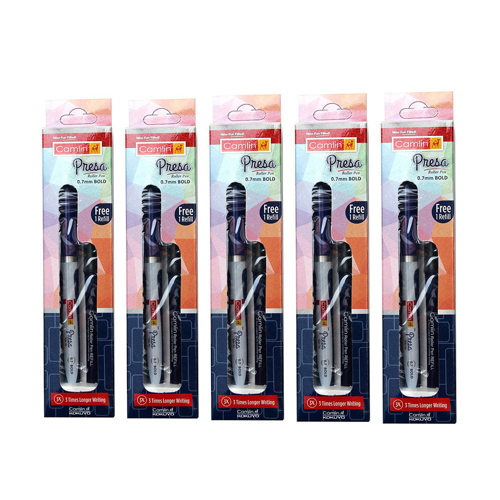 Camlin Presa roller pen is a long distance runner. Lasts 3 times longer than ordinary gel pens. 0.7mm tip for smoother writing experience Waterproof ink Gives three times longer writing Refillable Includes 1 pen and 1 blue cartridge Available in blue and black ink