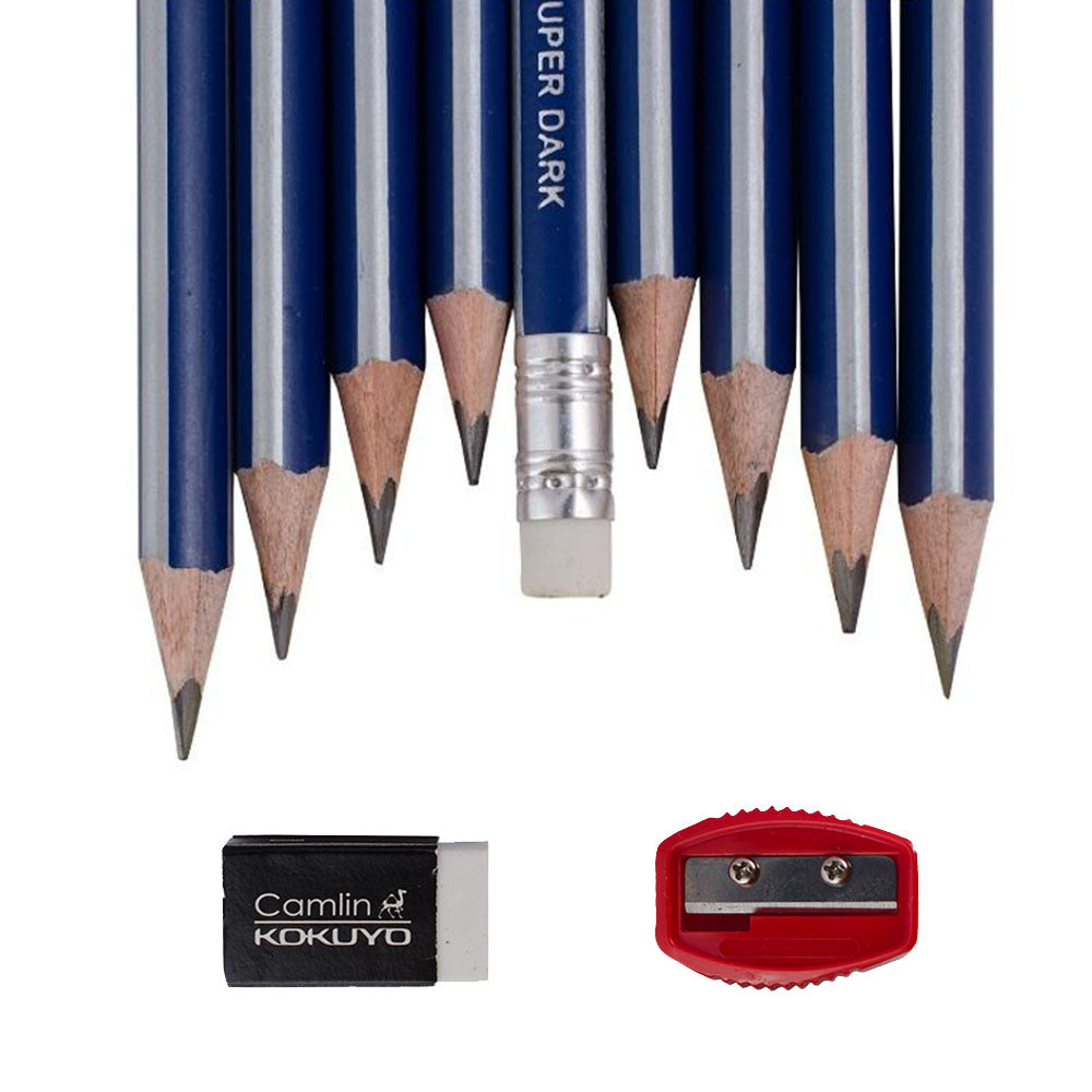 Camlin Supreme Triangular Pencils with Rubber Tip, Camlin Supreme Pencils are super dark, made for bold writing and drawing. Pre-sharpened extra dark and Smooth writing Pencil Dark crystalline lead for smear proof impressions Easy Sharpening and break resistant super-bonded lead Available in a pack of 10 with Premium Quality Supreme Eraser and Sharpener Free