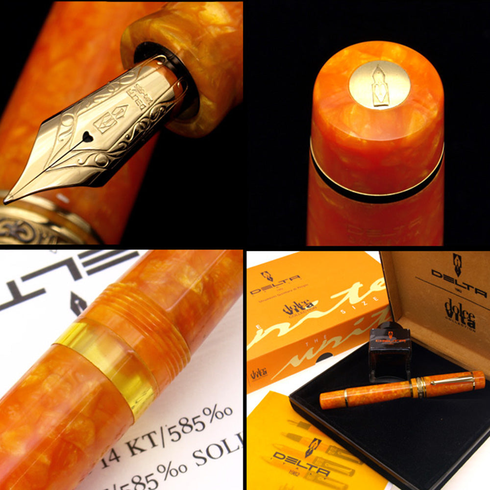Delta Dolcevita Media Oro Orange Resin & Vermeil Trim Fountain Pen - 14Kt Gold Nib