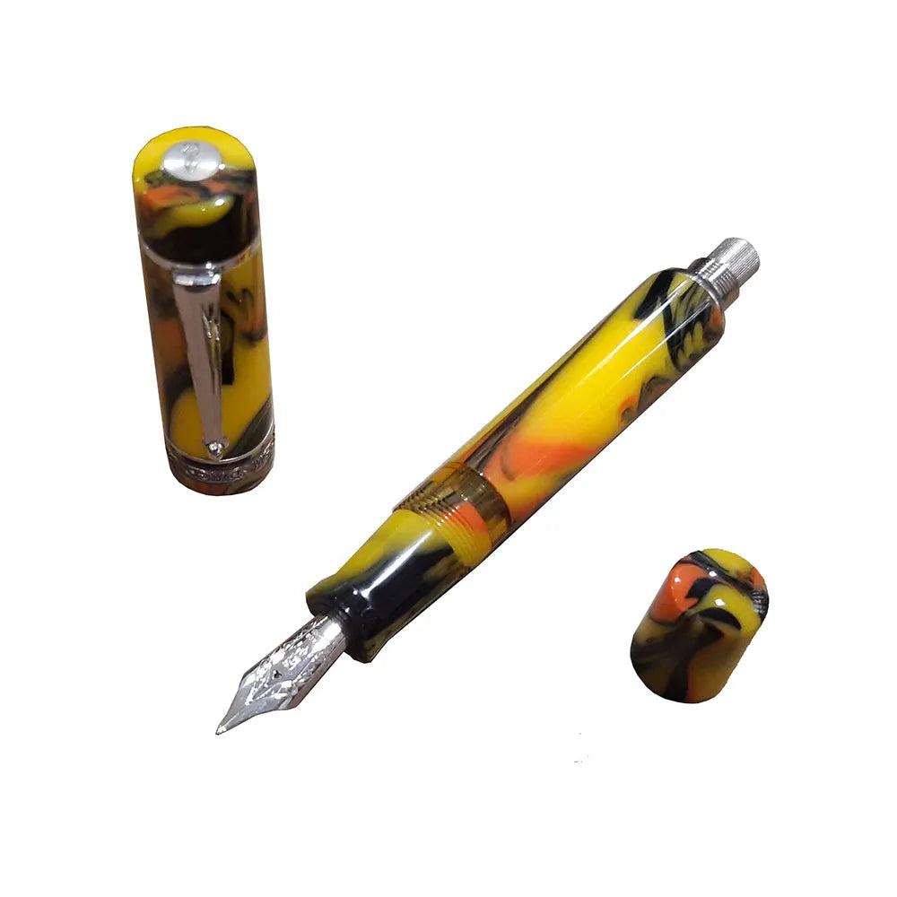 Delta Galleria Yellow/Black/Orange Resin with Sterling Silver Trim Fountain Pen - 14Kt Gold Medium Nib