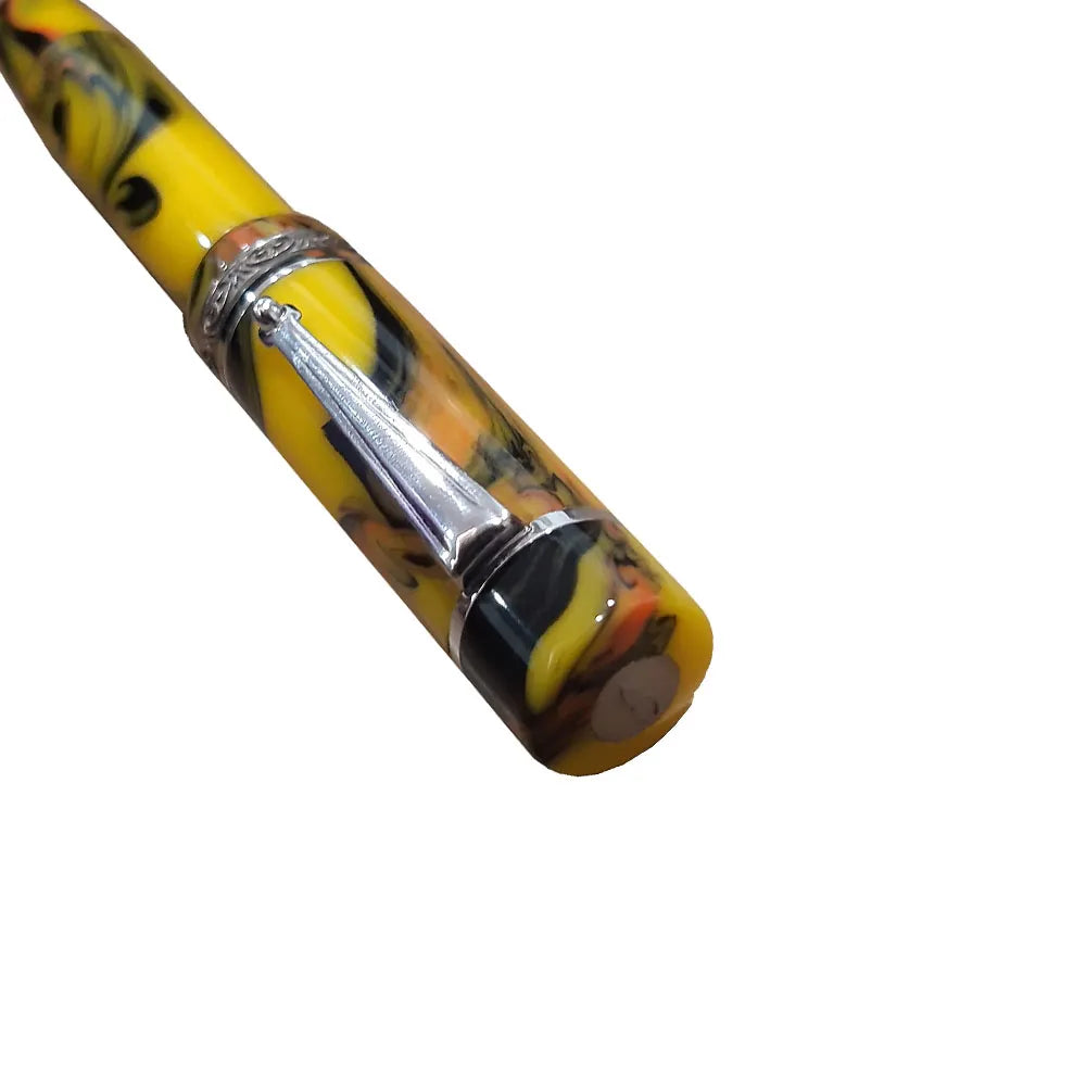 Delta Galleria Yellow/Black/Orange Resin with Sterling Silver Trim Fountain Pen - 14Kt Gold Medium Nib