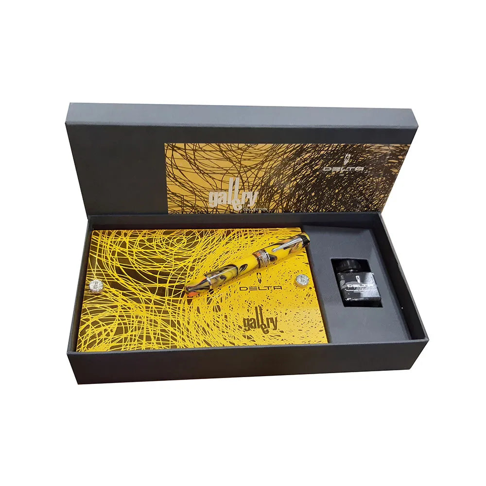 Delta Galleria Yellow/Black/Orange Resin with Sterling Silver Trim Fountain Pen - 14Kt Gold Medium Nib