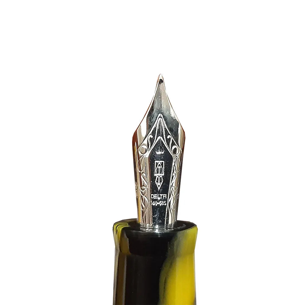 Delta Galleria Yellow/Black/Orange Resin with Sterling Silver Trim Fountain Pen - 14Kt Gold Medium Nib