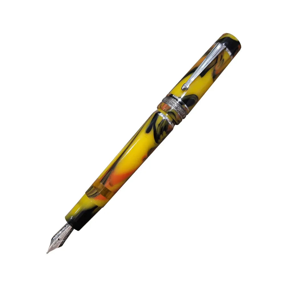 Delta Galleria Yellow/Black/Orange Resin with Sterling Silver Trim Fountain Pen - 14Kt Gold Medium Nib