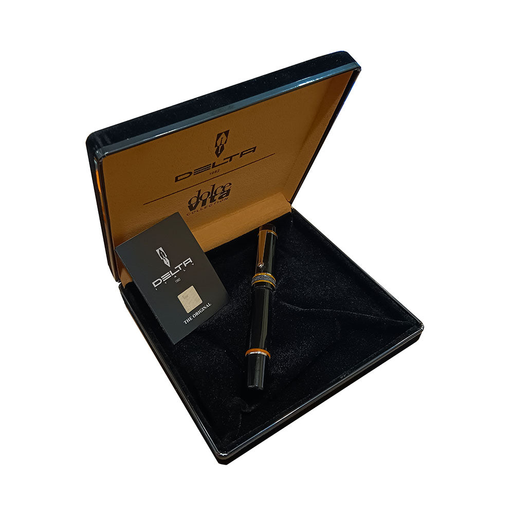 Delta Dolcevita Soriee Media Black Resin with Orange Ring RH Trim Rollerball Pen