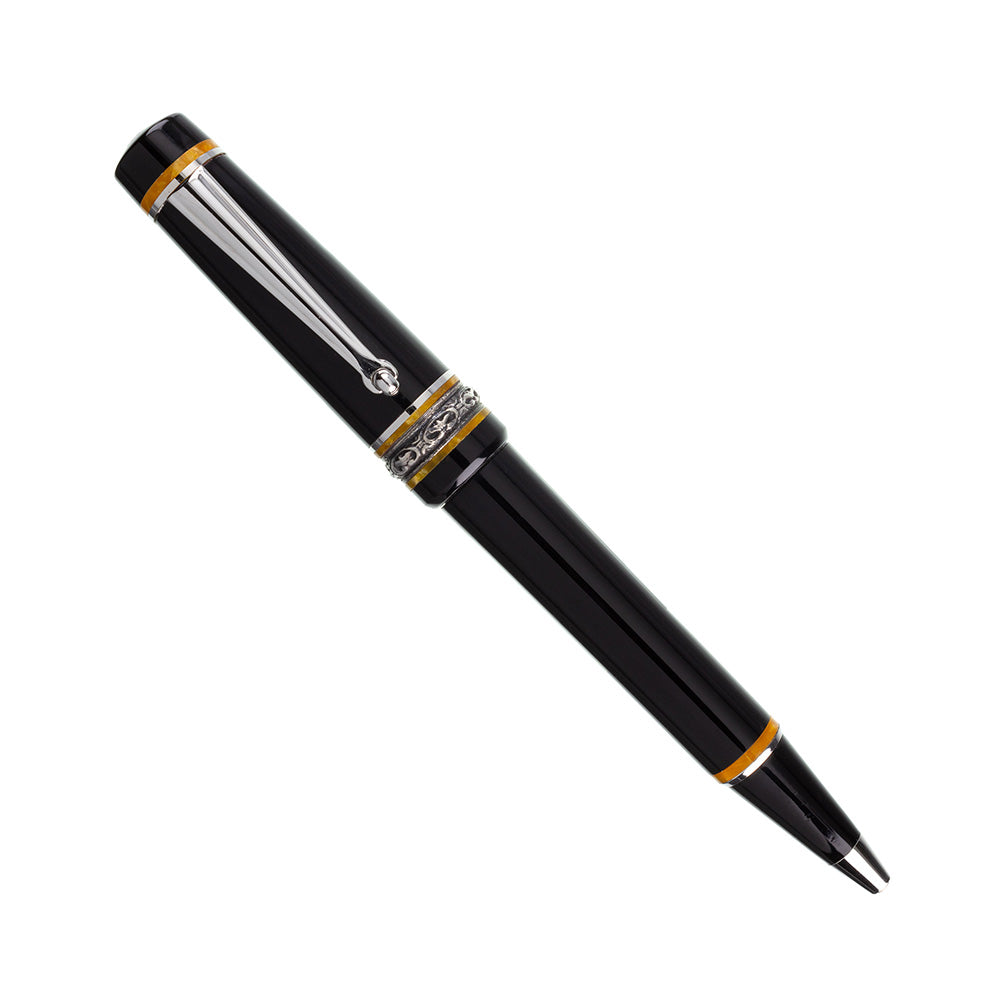 Delta Dolcevita Soriee Media Black Resin with Sterling Silver Trim Ballpoint Pen This Delta Dolce Vita Soiree ballpoint pen exudes classic Italian style, with accenting bands of amber-orange pearlescent celluloid, and finely engraved sterling silver trim. Colour : Black Clip: Platinum plated elastic alloy with rolling wheel to facilitate sliding. Cap & Body: Intense black color Trim: Sterling silver and amber-orange acrylic resin. Central ring engraved in ancient Pompeian motif. Packaging: Elegant case