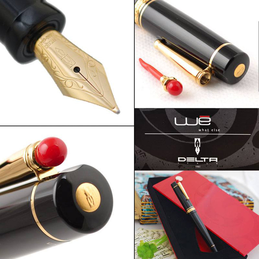 Delta We 17 Black Resin with Gold Plated Ring & Trim Fountain Pen – 14Kt Gold Medium Nib