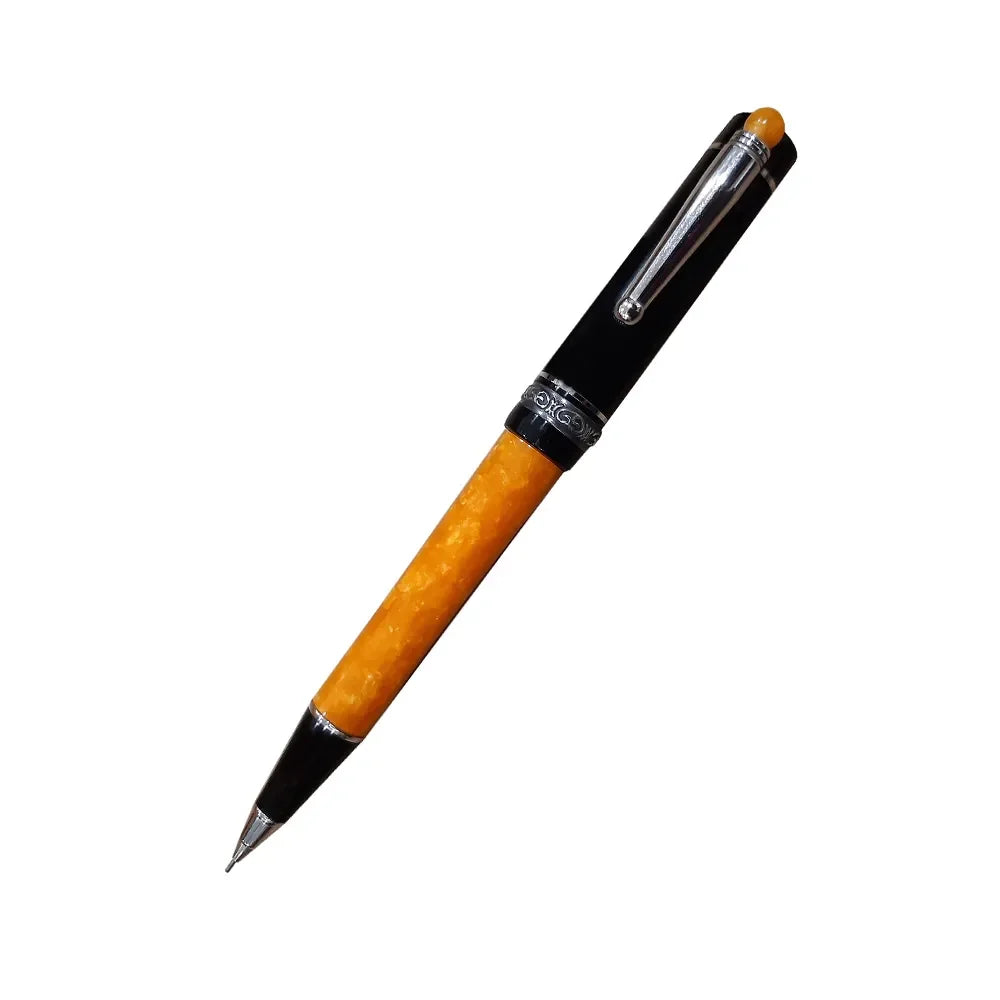 The Delta Lucky We Mechanical Pencil is designed with a “We” integrated into the cap of the pen for luck. The cap and barrel are hand turned in black and orange resins. Unforgettable Ballpoint pen from the handmade collection. Black/Orange Resign with 925% Sterling Silver Trim Twist-action ballpoint pen Filling System : 0.7mm Lead hand-made, hand-turned Terracotta Orange and Solid Black resin Made In Italy