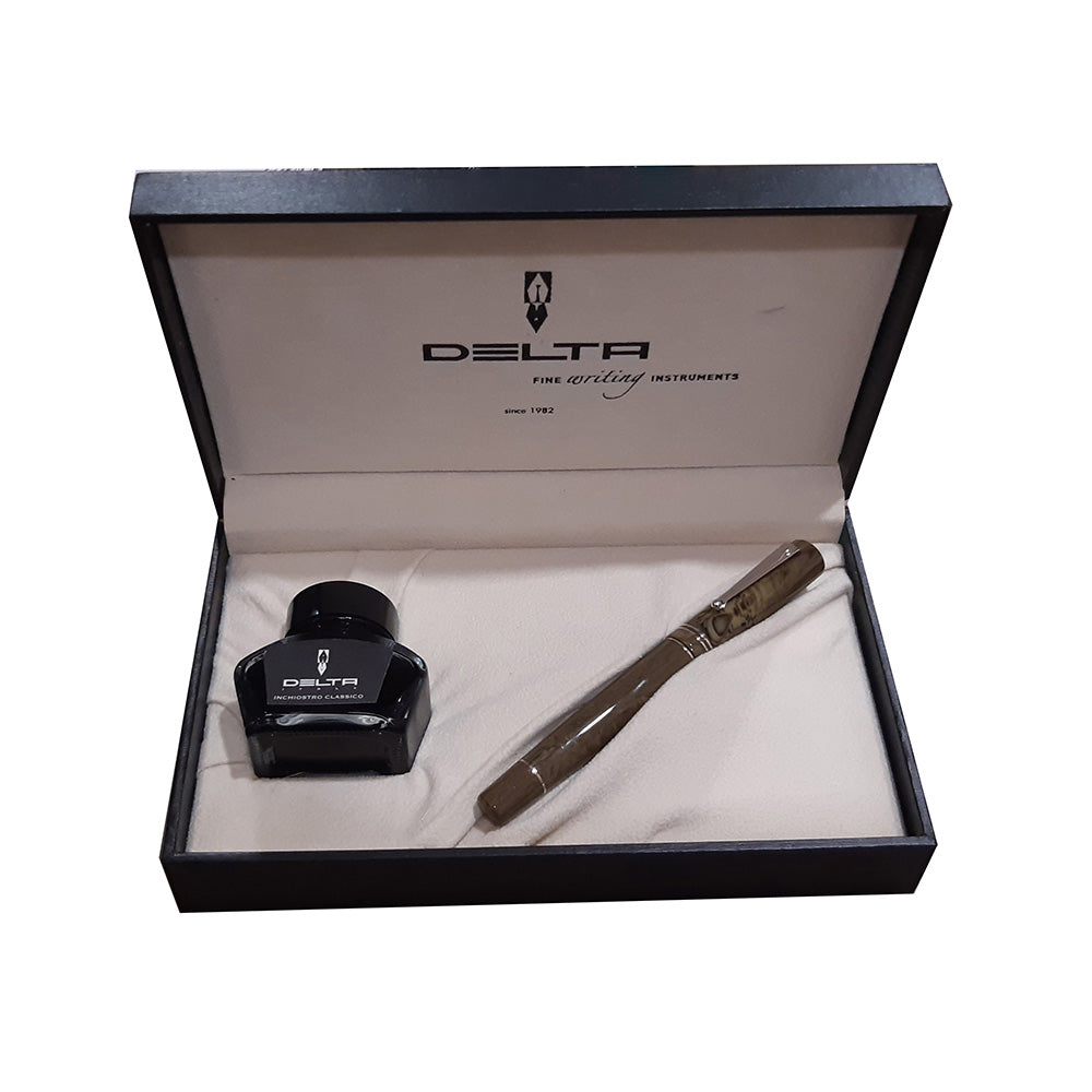 Delta The Journal Marbled Olive Resin with Rhodium Trim Fountain Pen – Broad Nib
