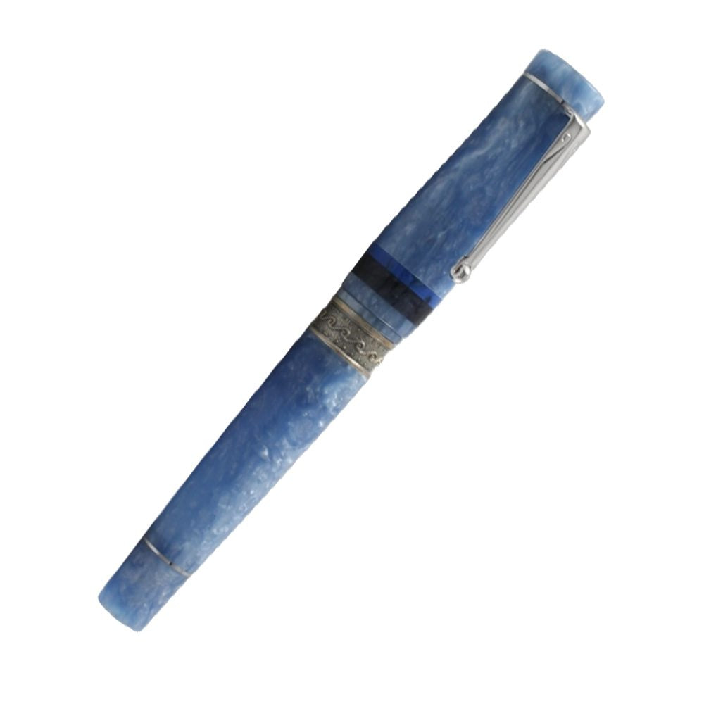 Delta Capri Marina Piccola Blue Resin with Sterling Silver Trim Fountain Pen - 14Kt Gold Platinum-Plated Mask Medium Nib