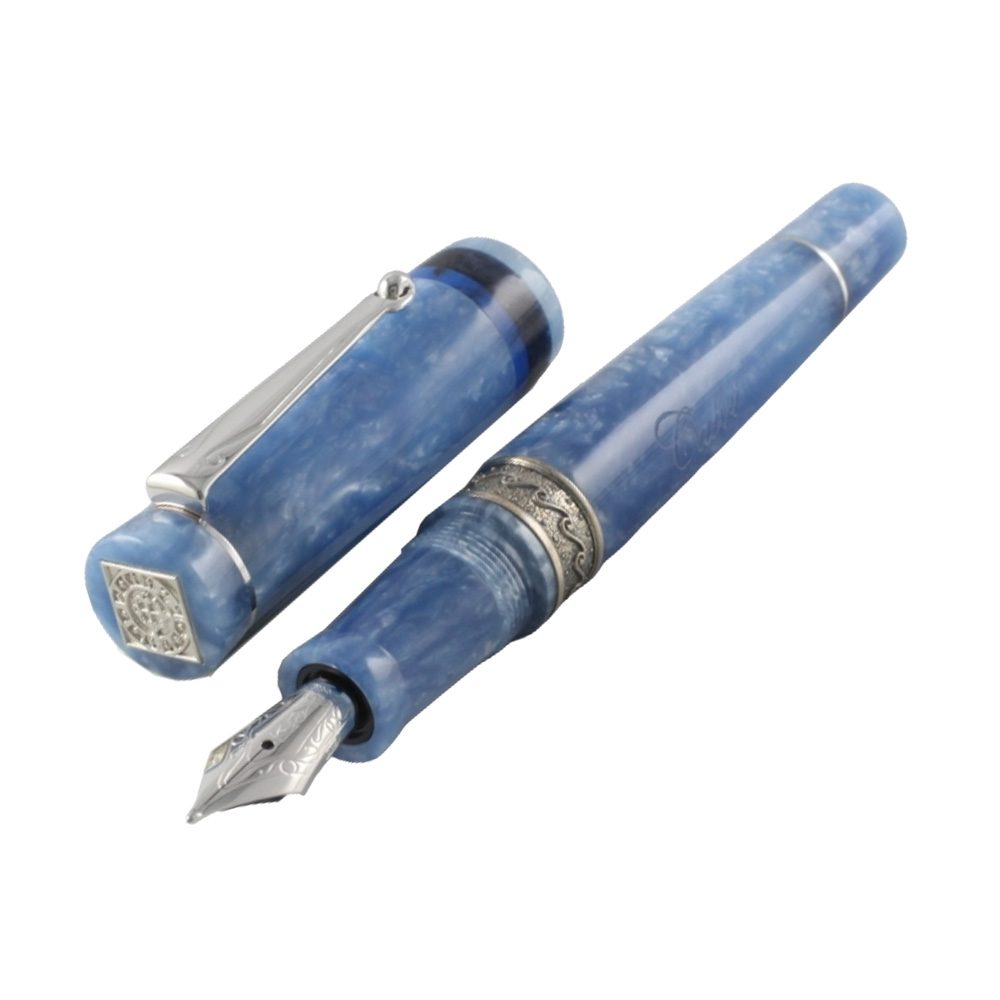 Delta Capri Marina Piccola Blue Resin with Sterling Silver Trim Fountain Pen - 14Kt Gold Platinum-Plated Mask Medium Nib