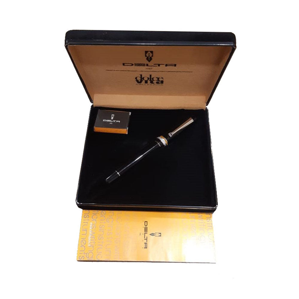 Delta Dolcevita Soiree Fusion Black Resin with Orange Ring Fountain Pen – 18kt Gold Fusion Broad Nib