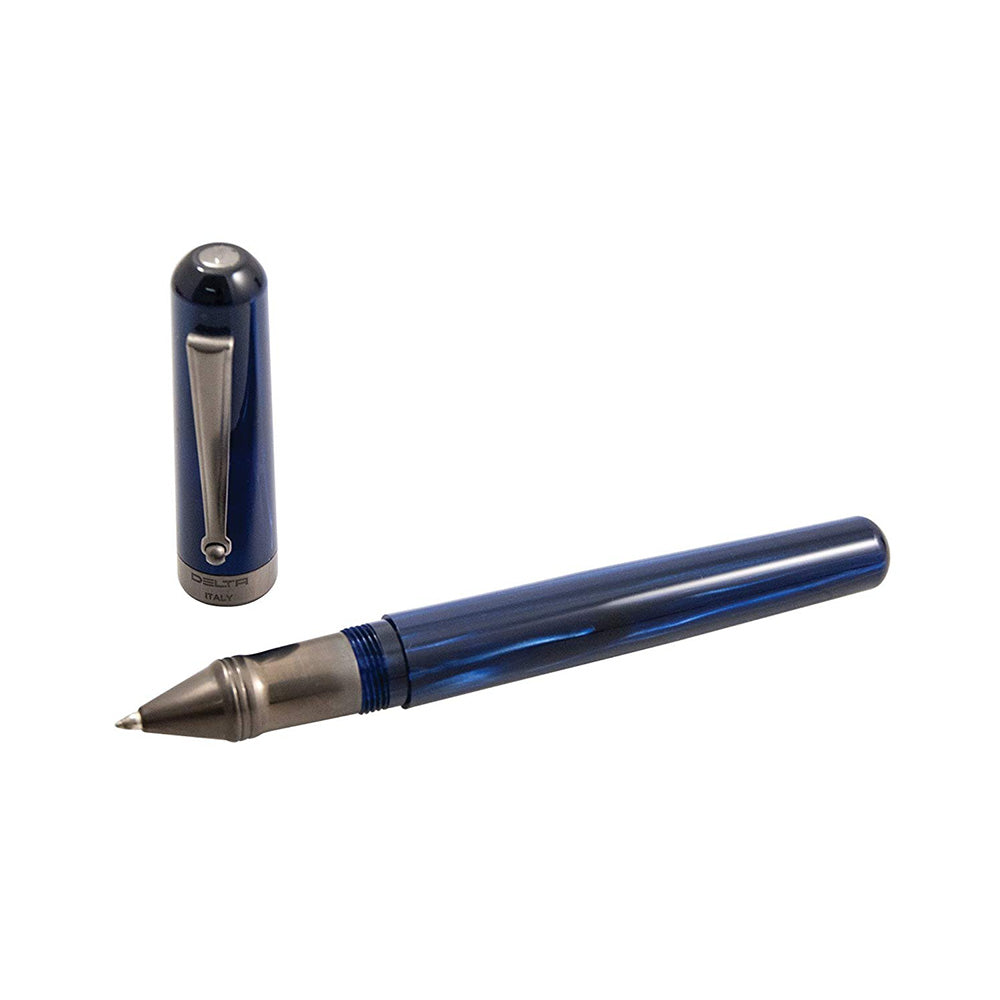 Delta Serena Marbled Blue Resin with Black Rhodium Trim Rollerball Pen The Delta Serena rollerball pen has a resin body and satin rhodium trim. The cap unscrews and can be posted. Serena comes from the Latin word Serenus which means “clear” or “cloudless”. Marbled Blue Solid bars of Italian resin Material: Resin body brushed rhodium trim Stealthy black rhodium trim Capped Rollerball Serena collection is offered in elegant packaging Made in Italy
