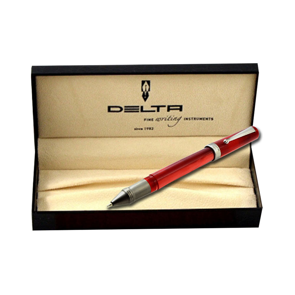 Delta Serena Marbled-Red Black Rhodium Trim Rollerball Pen The Delta Serena ballpoint pen is hand turned from resins. The rhodium plated clip comes with a small roller ball for ease inserting into your pocket. The word Serena comes from the Latin word Serenus meaning “clear” or “cloudless”. Color : Marbled Red Material: Resin Action : Twist Filling Mechanism : Refill Grip Material : Metal Trim: Black Rhodium Made in Italy