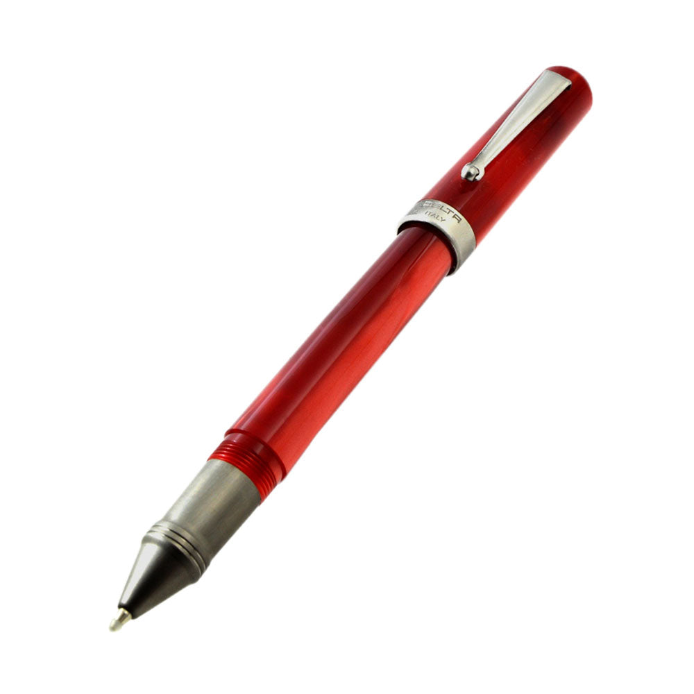 Delta Serena Marbled-Red Black Rhodium Trim Rollerball Pen The Delta Serena ballpoint pen is hand turned from resins. The rhodium plated clip comes with a small roller ball for ease inserting into your pocket. The word Serena comes from the Latin word Serenus meaning “clear” or “cloudless”. Color : Marbled Red Material: Resin Action : Twist Filling Mechanism : Refill Grip Material : Metal Trim: Black Rhodium Made in Italy