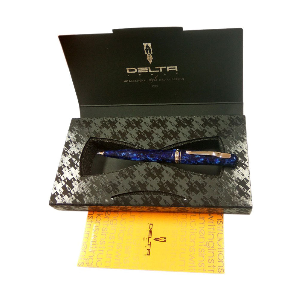Delta Fusion 82 Blue Ballpoint Pen Writing instruments made of special resin turned by hand from solid bars and polished to a mirror like surface in 7 different colours. All the trimmings are in special metal alloy andare platted with precious rhodium. Blue resin with rhodium trim Hand made in Italy clip is a special metal alloy particularly elastic is plated with platinum. Gift Box Made in Italy