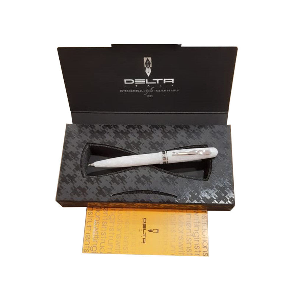 Delta Fusion 82 White Ballpoint Pen Writing instruments made of special resin turned by hand from solid bars and polished to a mirror like surface in 7 different colours. All the trimmings are in special metal alloy andare platted with precious rhodium. White Resin with Rhodium Trim Hand made in Italy clip is a special metal alloy particularly elastic is plated with platinum. Gift Box Made in Italy