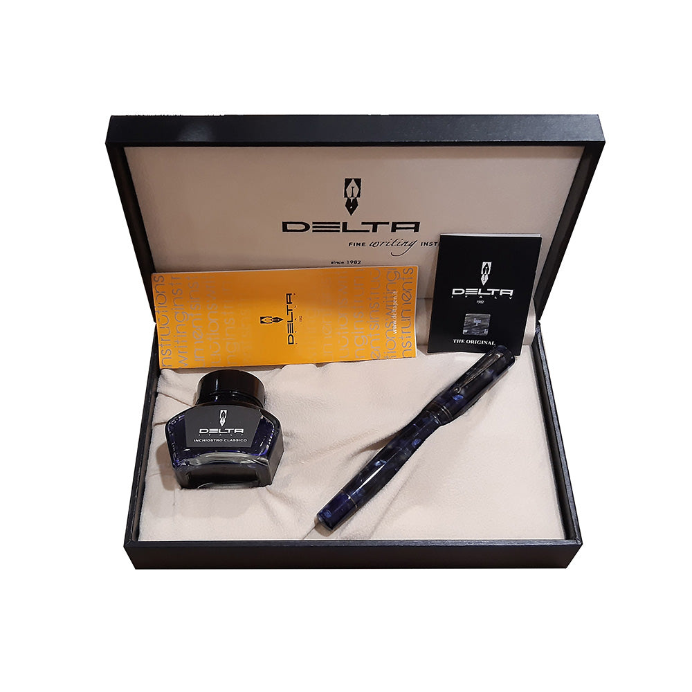 Delta The Journal Marbled Blue Resin with Gunmetal Trim Fountain Pen – 18Kt Gold Fusion Broad Nib