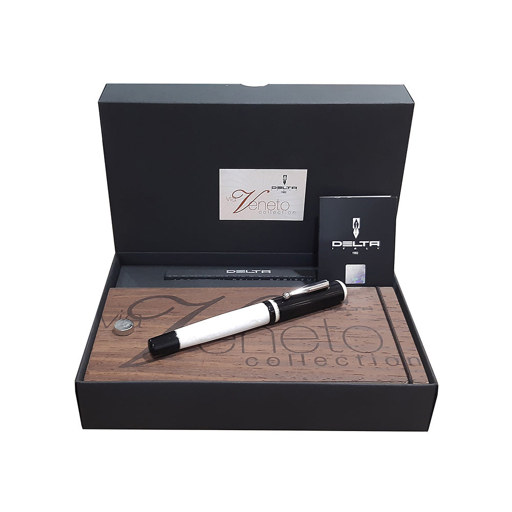 Delta Via Veneto Black-White Resin with Platinum Plated Trim Rollerball Pen