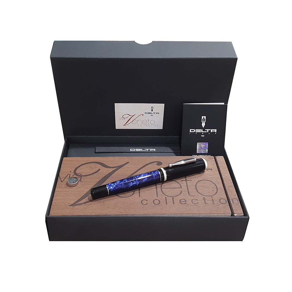 Delta Via Veneto Black-Blue Resin with Platinum Plated Trim Rollerball Pen