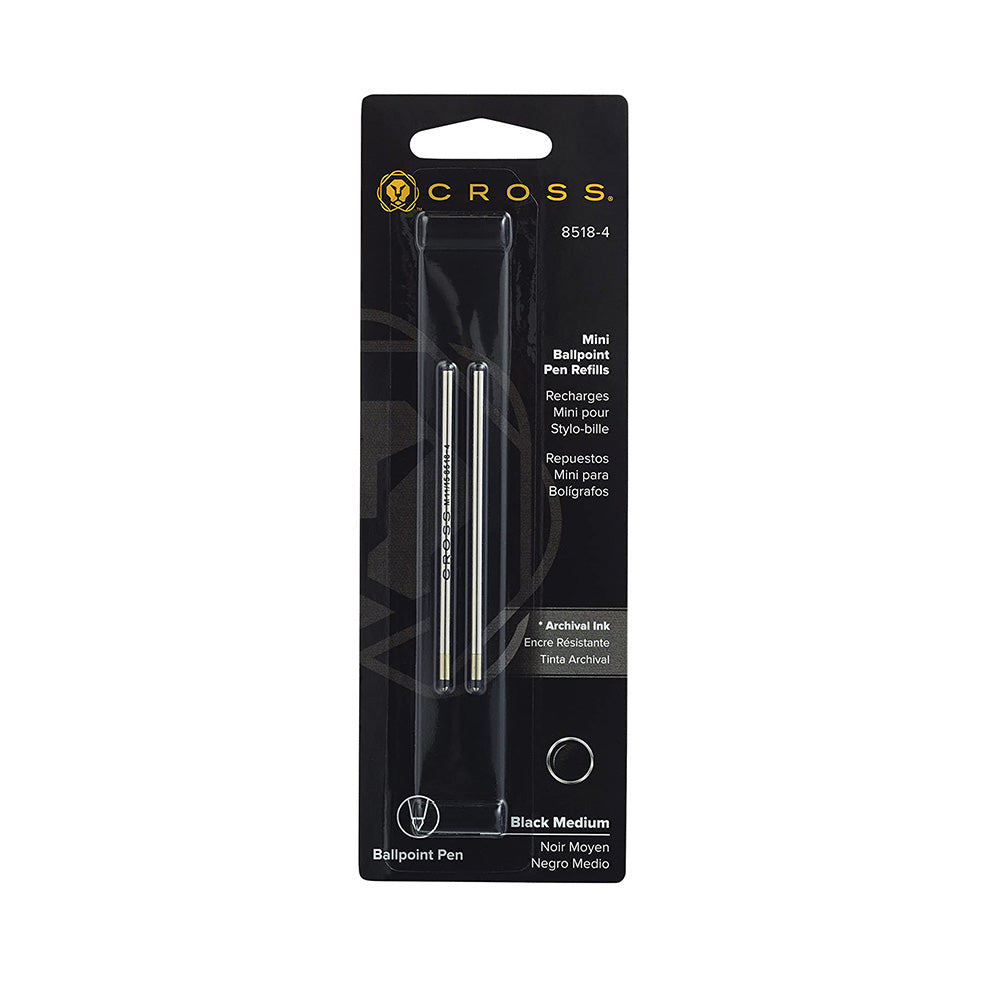 Cross 8518-5 Mini Ballpoint Pen Refill (M) Set of 2 – Black These Cross medium Mini Ballpoint pen refills can be used with Tech 3, Tech 3+ pens. The pack contains two refills. Compatible with Tech 3, Tech 3+ pens Suitable for Cross medium mini-ballpoint pens Dual Pack Made in China