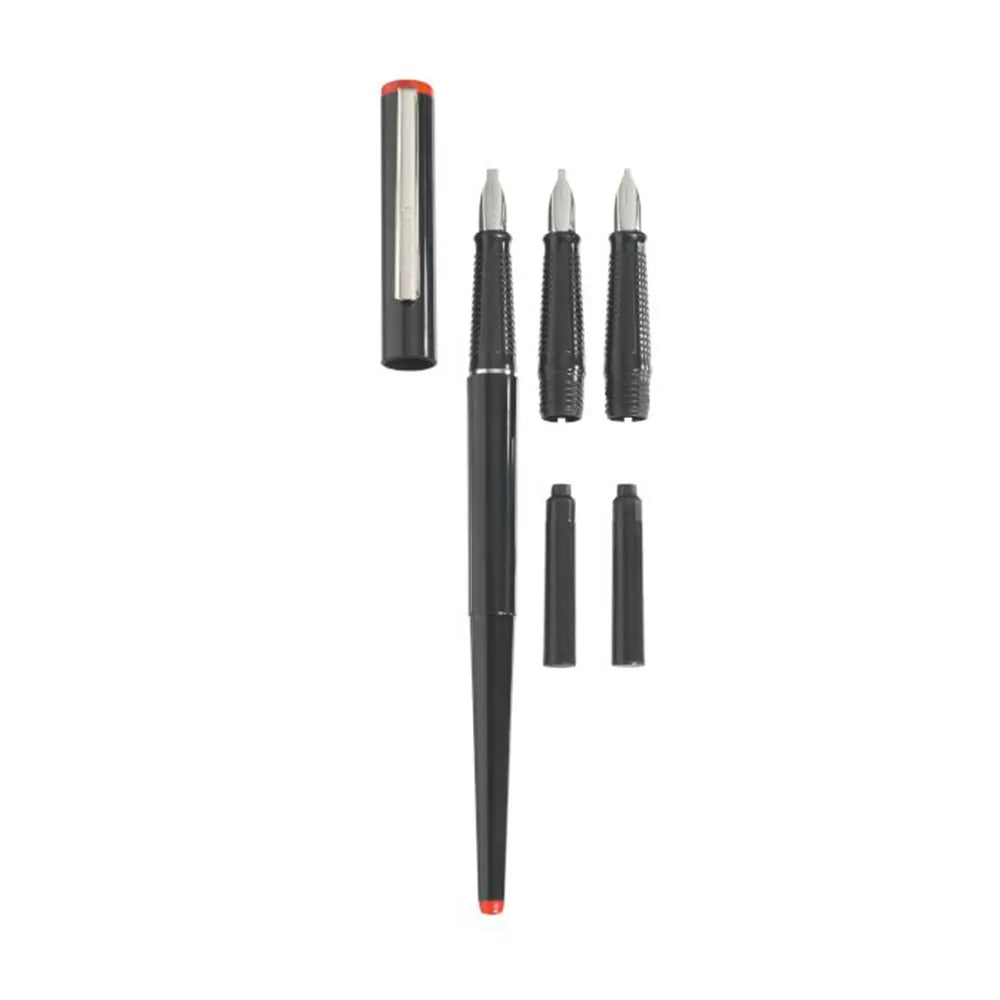 Herlitz Calligraphy Fountain Pen Set 5 pieces Great value calligraphy pen set from Herlitz stationery Germany by Pelikan. The calligraphy set comes in 3 nib sizes : 1.1mm, 1.5mm & 2.3mm. Interchangeable nib section with long shaft pen barrel design, ideal pen’s diameter for comfort grip. Great price for good value product. Colour – Black Plastic 3 grip handles with Nib sizes 1.1mm/ 1.5mm/ 2.3mm 2 ink cartridges black Metal fittings In suspension package Hinged Box Country of Origin : Germany