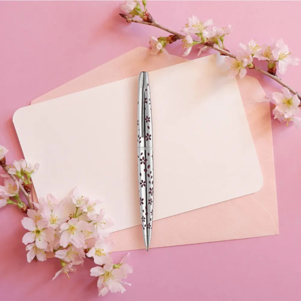 Cross ATX Cherry Blossom Polished Chrome with Polished Chrome Trim Ballpoint Pen