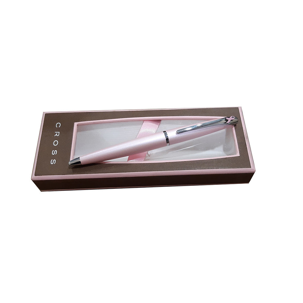 The New Cross Sentiment Breast Cancer Awareness pen, adorned with a pink enamel ribbon charm and glittering pav-textured center band, is meticulously finished in soft pearlescent pink with polished chrome appointments. Breast Cancer Awareness Cross pen High-quality varnish finish of fine pink color combined with highly polished chrome finish Comfortably tapered medium-diameter barrel Presented in a pink colour gift box