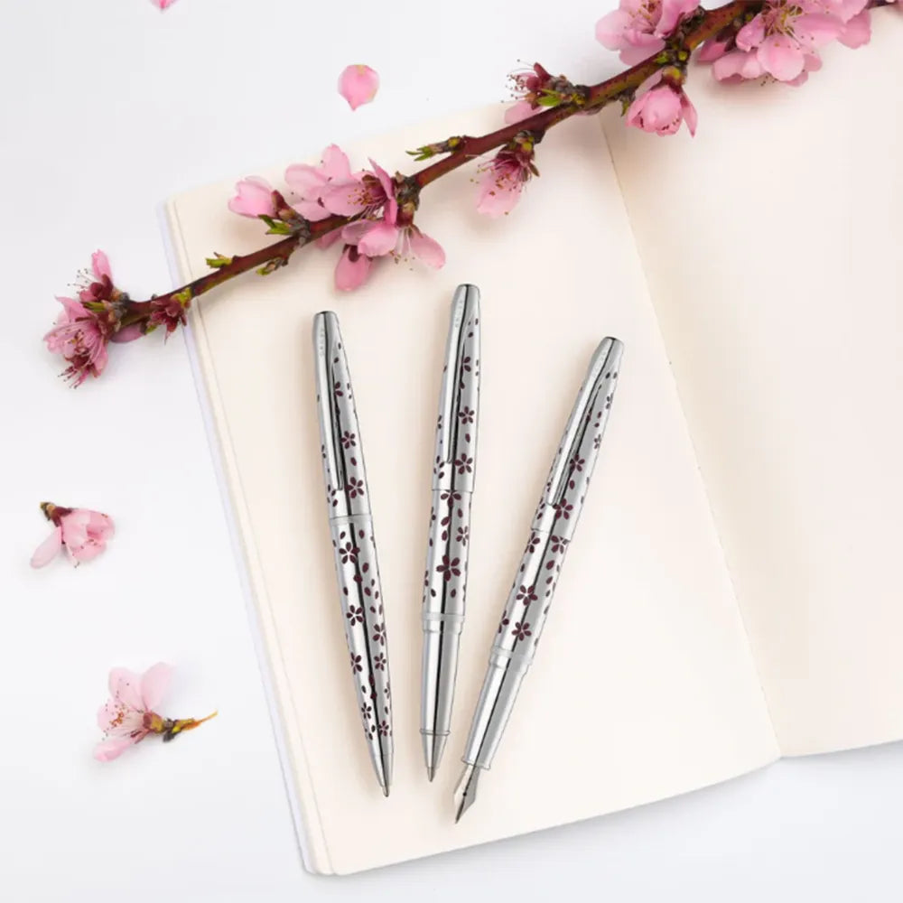 Cross ATX Cherry Blossom Polished Chrome with Polished Chrome Trim Fountain Pen - Medium Nib